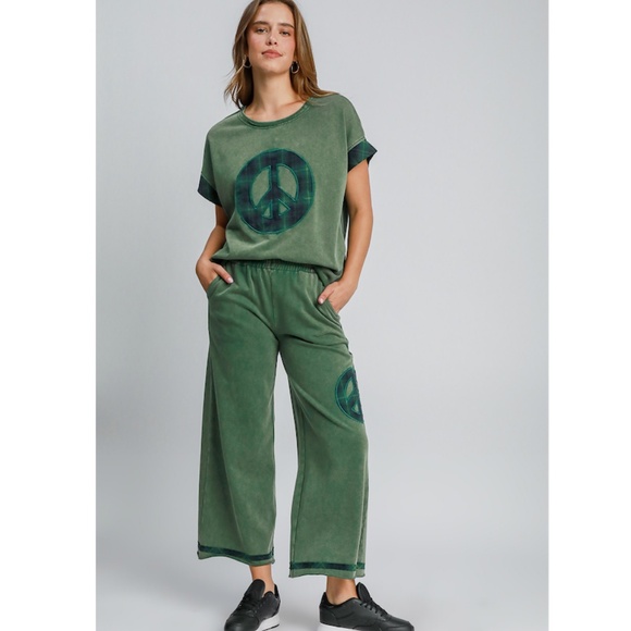 "The Harmony" Umgee Mineral Wash Peace Sign Plaid Pants - Picture 2 of 4